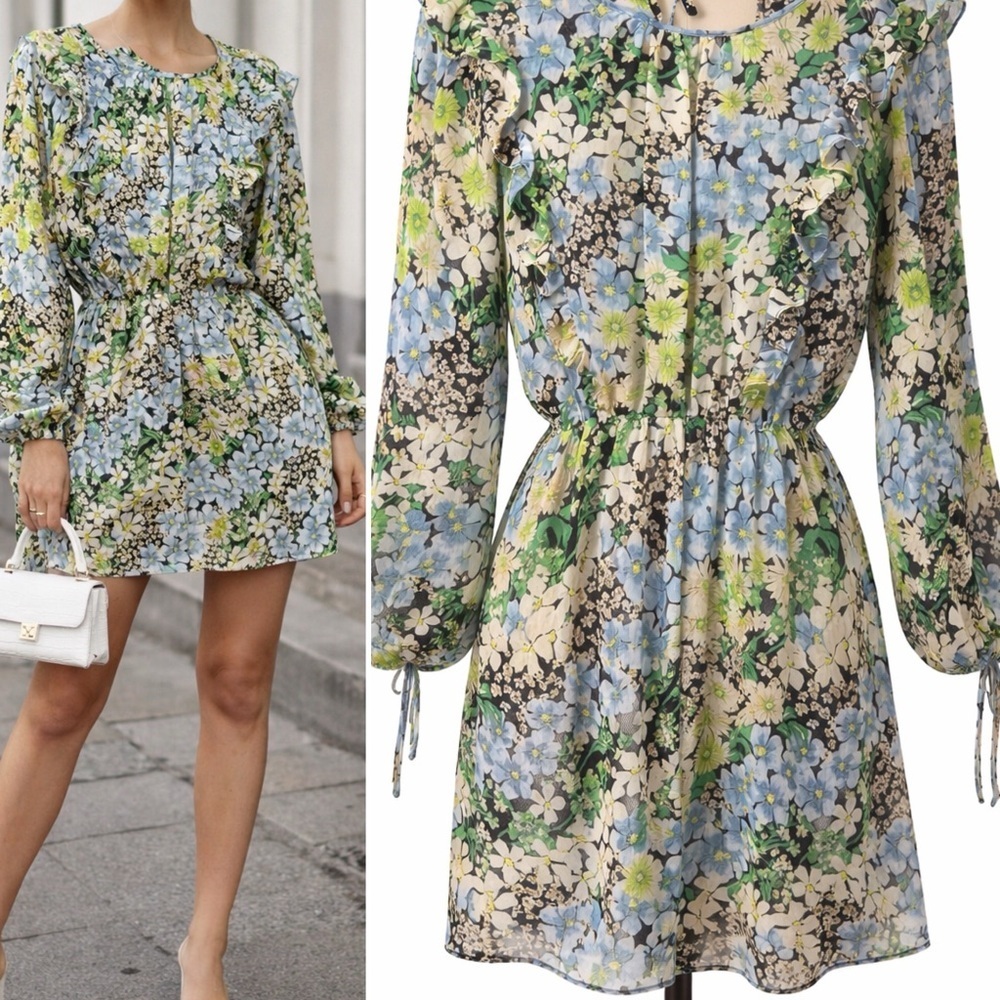 H&M | NWOT Blue & Green Floral Chiffon Ruffle Long-Sleeve Mini Dress ( size M)
